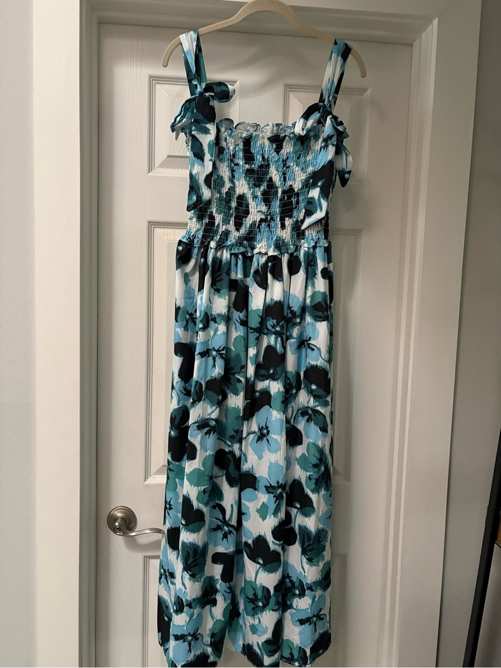 Teal and Black Floral Tie-Shoulder Maxi Dress